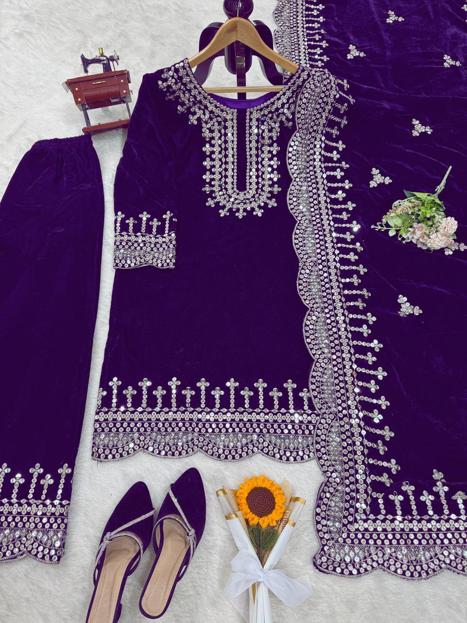 Purple Luxurious Viscose Velvet Plazo Set with Embroidered Dupatta