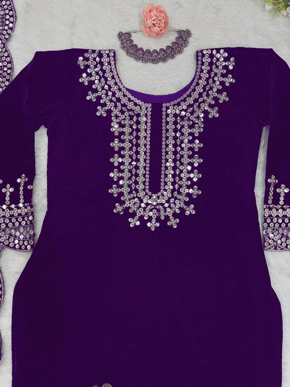 Purple Luxurious Viscose Velvet Plazo Set with Embroidered Dupatta