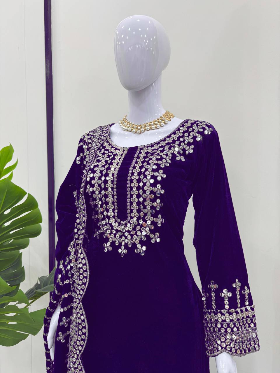 Purple Luxurious Viscose Velvet Plazo Set with Embroidered Dupatta