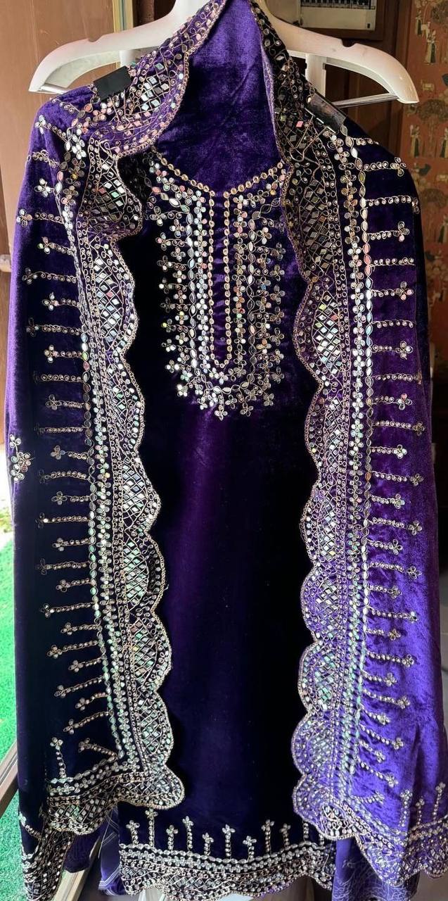Purple Luxurious Viscose Velvet Plazo Set with Embroidered Dupatta