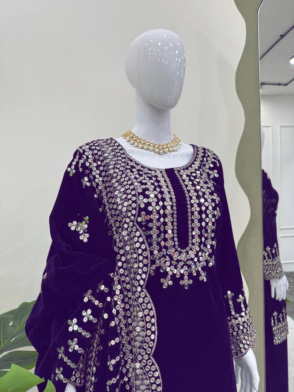 Purple Luxurious Viscose Velvet Plazo Set with Embroidered Dupatta