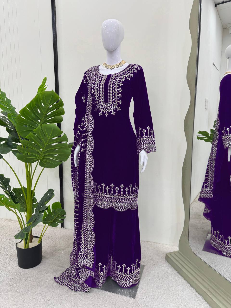 Purple Luxurious Viscose Velvet Plazo Set with Embroidered Dupatta