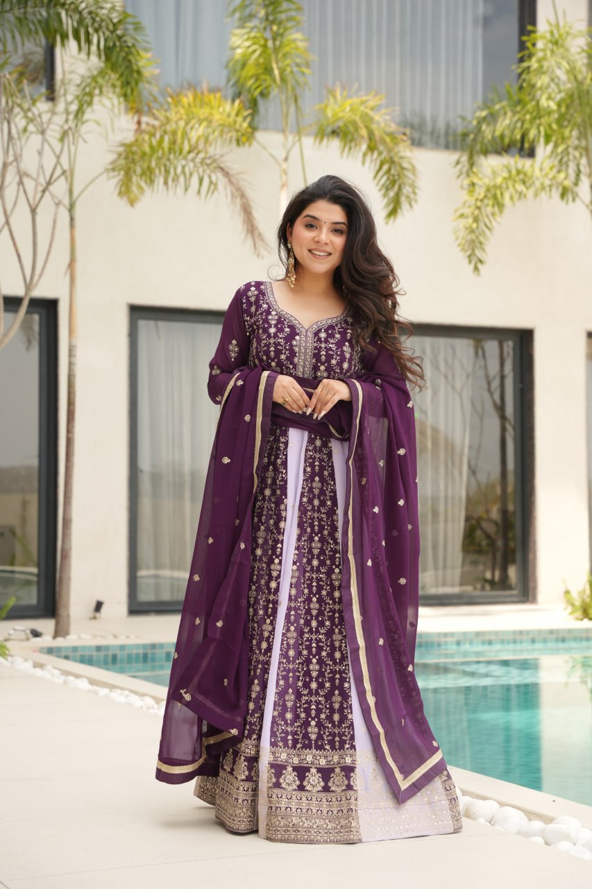 Purple Luxury Faux Blooming Gown Set with Zari & Sequins Embroidery – Kali Cut Design