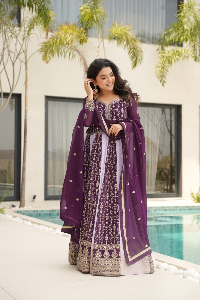 Purple Luxury Faux Blooming Gown Set with Zari & Sequins Embroidery – Kali Cut Design