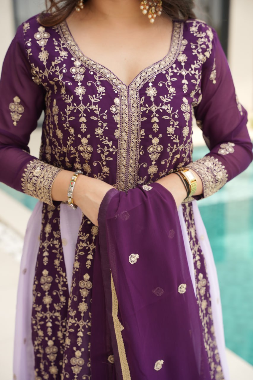 Purple Luxury Faux Blooming Gown Set with Zari & Sequins Embroidery – Kali Cut Design