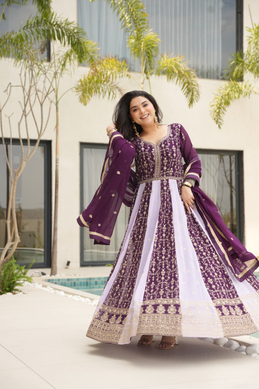 Purple Luxury Faux Blooming Gown Set with Zari & Sequins Embroidery – Kali Cut Design