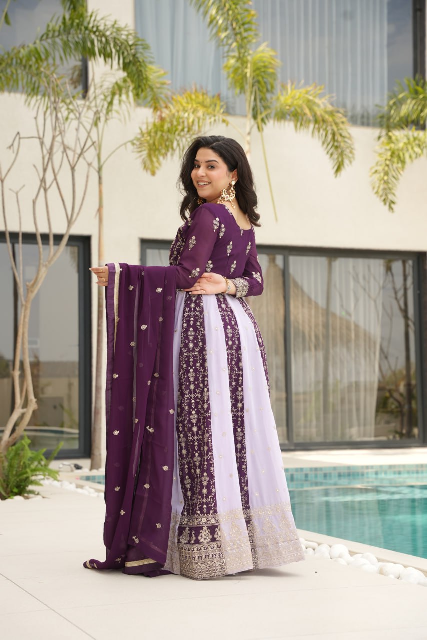 Purple Luxury Faux Blooming Gown Set with Zari & Sequins Embroidery – Kali Cut Design