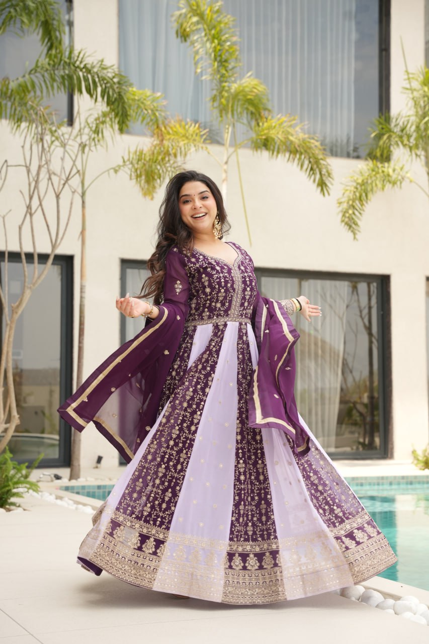 Purple Luxury Faux Blooming Gown Set with Zari & Sequins Embroidery – Kali Cut Design