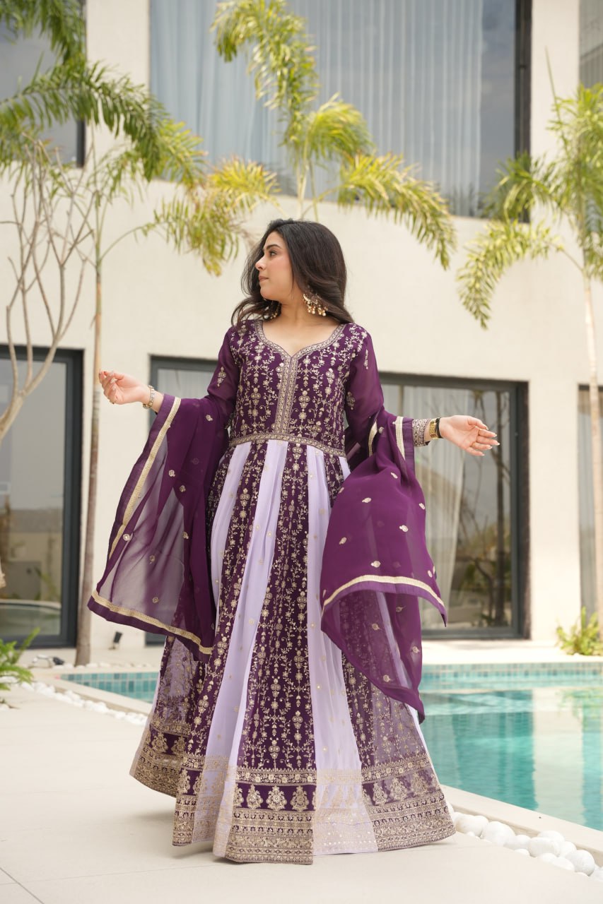 Purple Luxury Faux Blooming Gown Set with Zari & Sequins Embroidery – Kali Cut Design