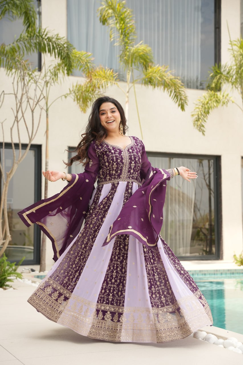 Purple Luxury Faux Blooming Gown Set with Zari & Sequins Embroidery – Kali Cut Design