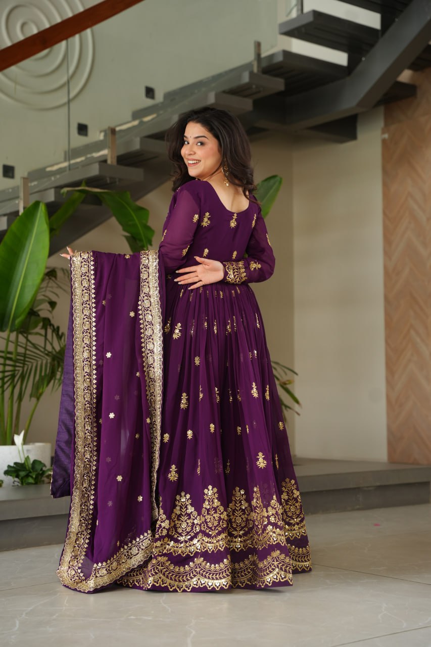 Purple Luxury Faux Blooming Zari & Sequins Embroidered Designer Gown with Matching Dupatta – Stitched Premium Ensemble