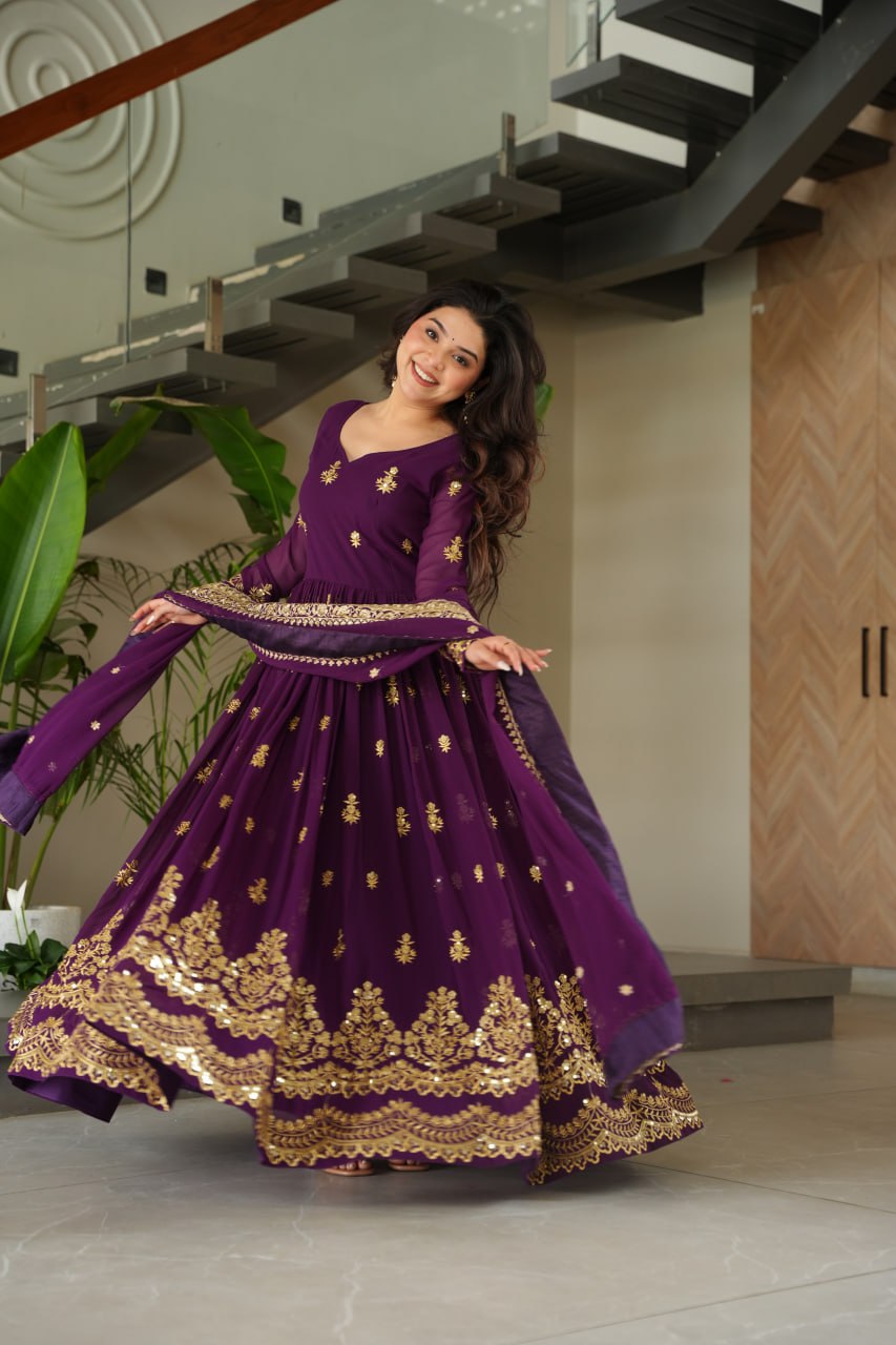 Purple Luxury Faux Blooming Zari & Sequins Embroidered Designer Gown with Matching Dupatta – Stitched Premium Ensemble