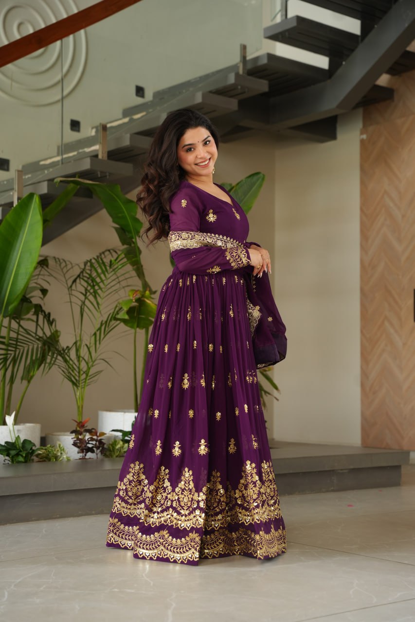 Purple Luxury Faux Blooming Zari & Sequins Embroidered Designer Gown with Matching Dupatta – Stitched Premium Ensemble