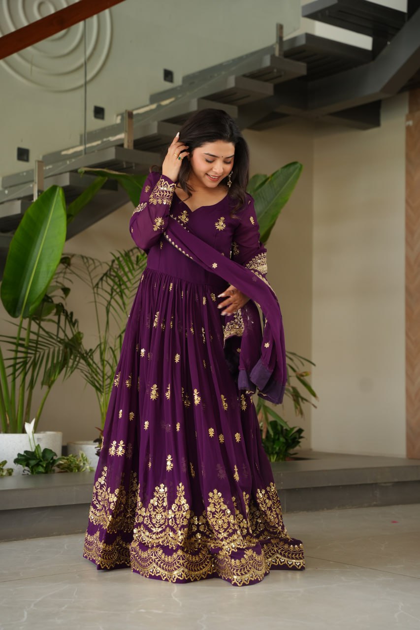 Purple Luxury Faux Blooming Zari & Sequins Embroidered Designer Gown with Matching Dupatta – Stitched Premium Ensemble