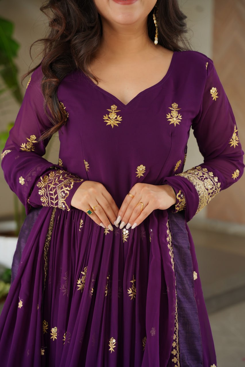 Purple Luxury Faux Blooming Zari & Sequins Embroidered Designer Gown with Matching Dupatta – Stitched Premium Ensemble