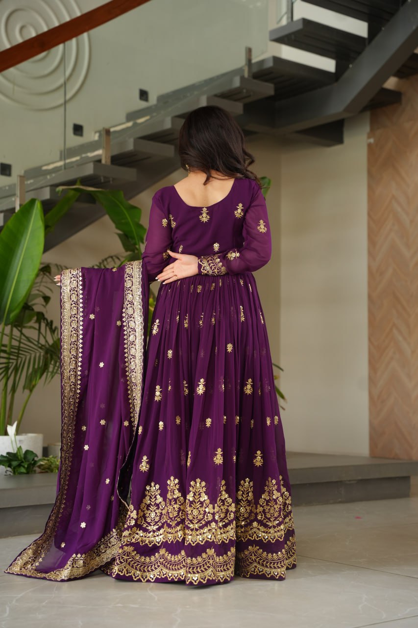 Purple Luxury Faux Blooming Zari & Sequins Embroidered Designer Gown with Matching Dupatta – Stitched Premium Ensemble