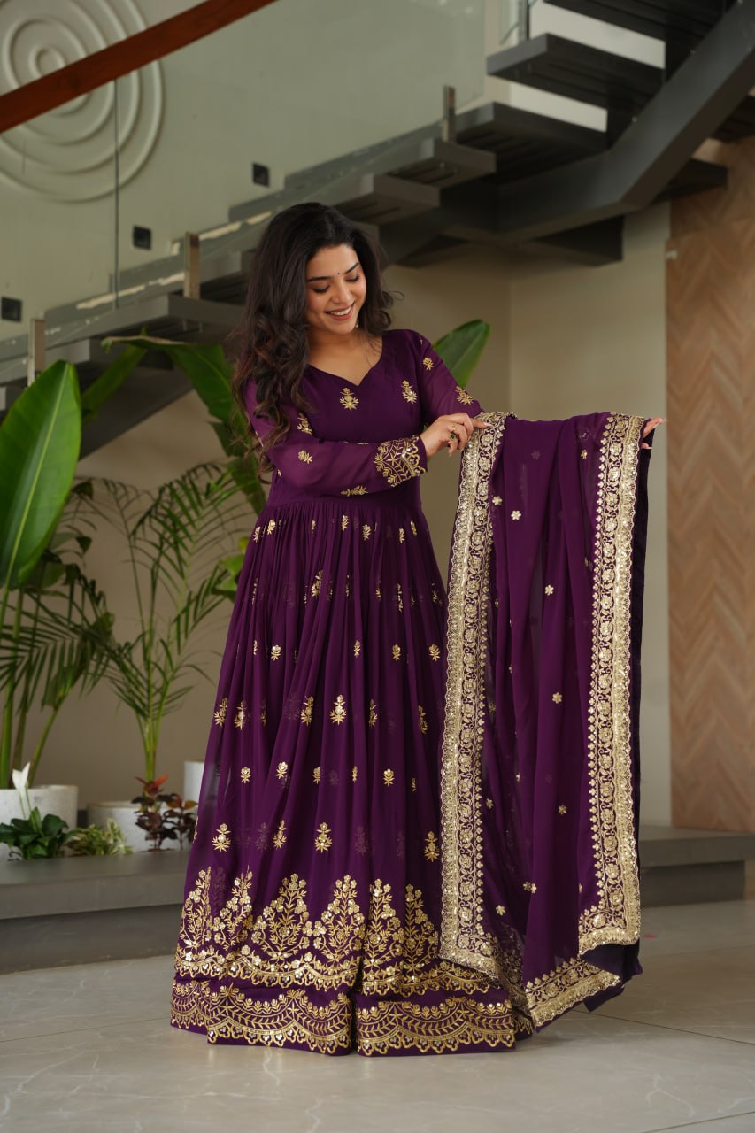 Purple Luxury Faux Blooming Zari & Sequins Embroidered Designer Gown with Matching Dupatta – Stitched Premium Ensemble