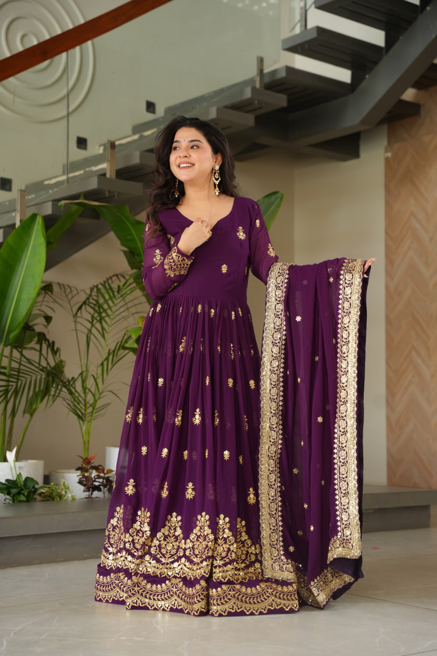 Purple Luxury Faux Blooming Zari & Sequins Embroidered Designer Gown with Matching Dupatta – Stitched Premium Ensemble