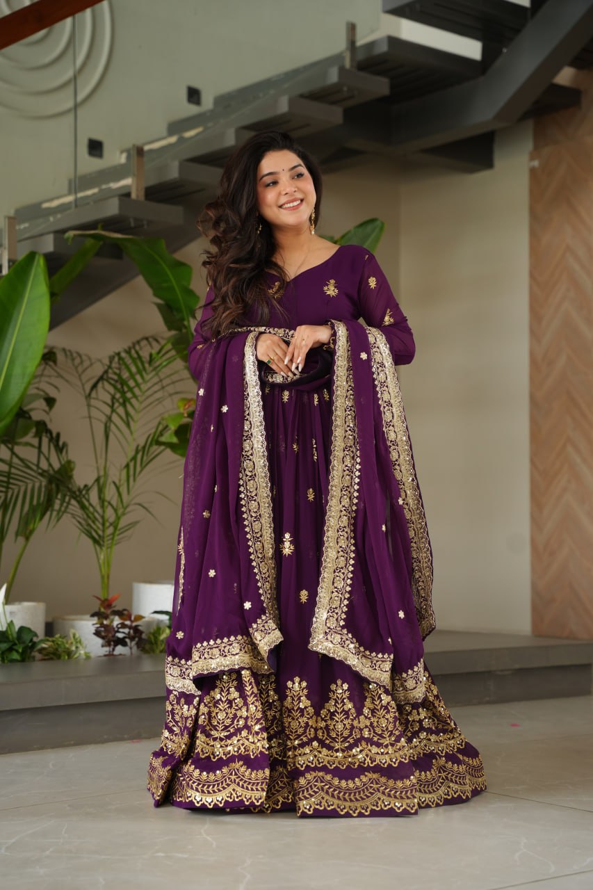 Purple Luxury Faux Blooming Zari & Sequins Embroidered Designer Gown with Matching Dupatta – Stitched Premium Ensemble