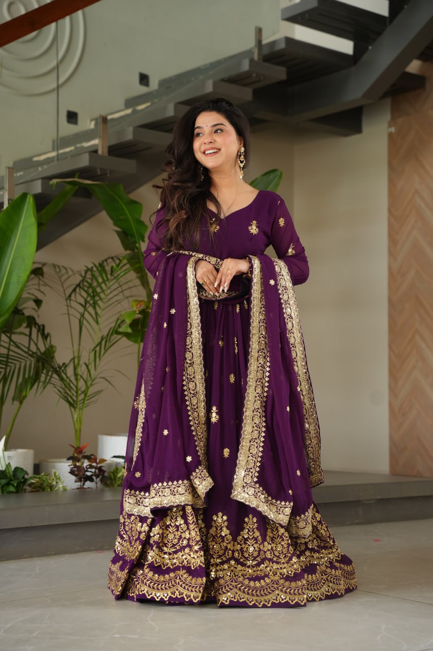 Purple Luxury Faux Blooming Zari & Sequins Embroidered Designer Gown with Matching Dupatta – Stitched Premium Ensemble