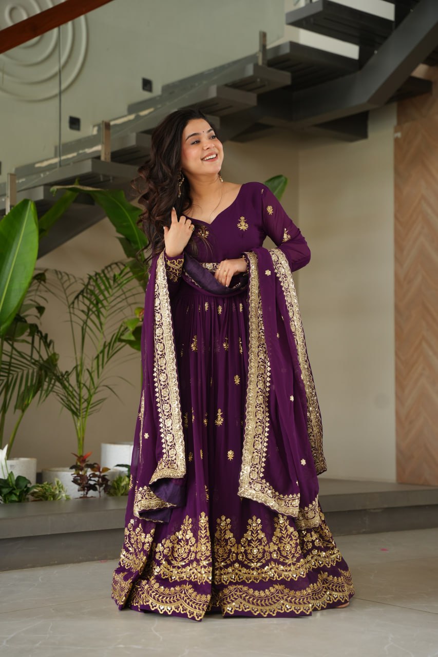 Purple Luxury Faux Blooming Zari & Sequins Embroidered Designer Gown with Matching Dupatta – Stitched Premium Ensemble