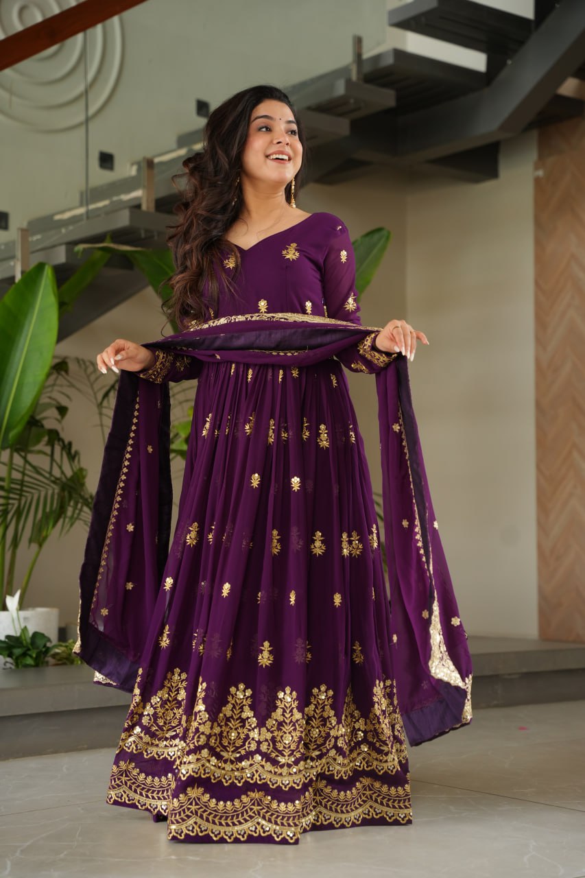 Purple Luxury Faux Blooming Zari & Sequins Embroidered Designer Gown with Matching Dupatta – Stitched Premium Ensemble