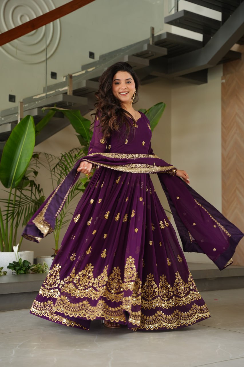 Purple Luxury Faux Blooming Zari & Sequins Embroidered Designer Gown with Matching Dupatta – Stitched Premium Ensemble