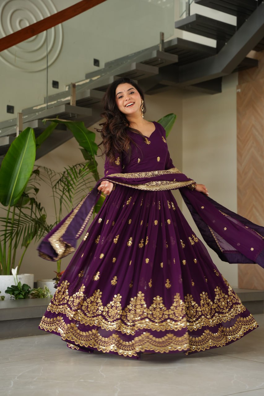 Purple Luxury Faux Blooming Zari & Sequins Embroidered Designer Gown with Matching Dupatta – Stitched Premium Ensemble