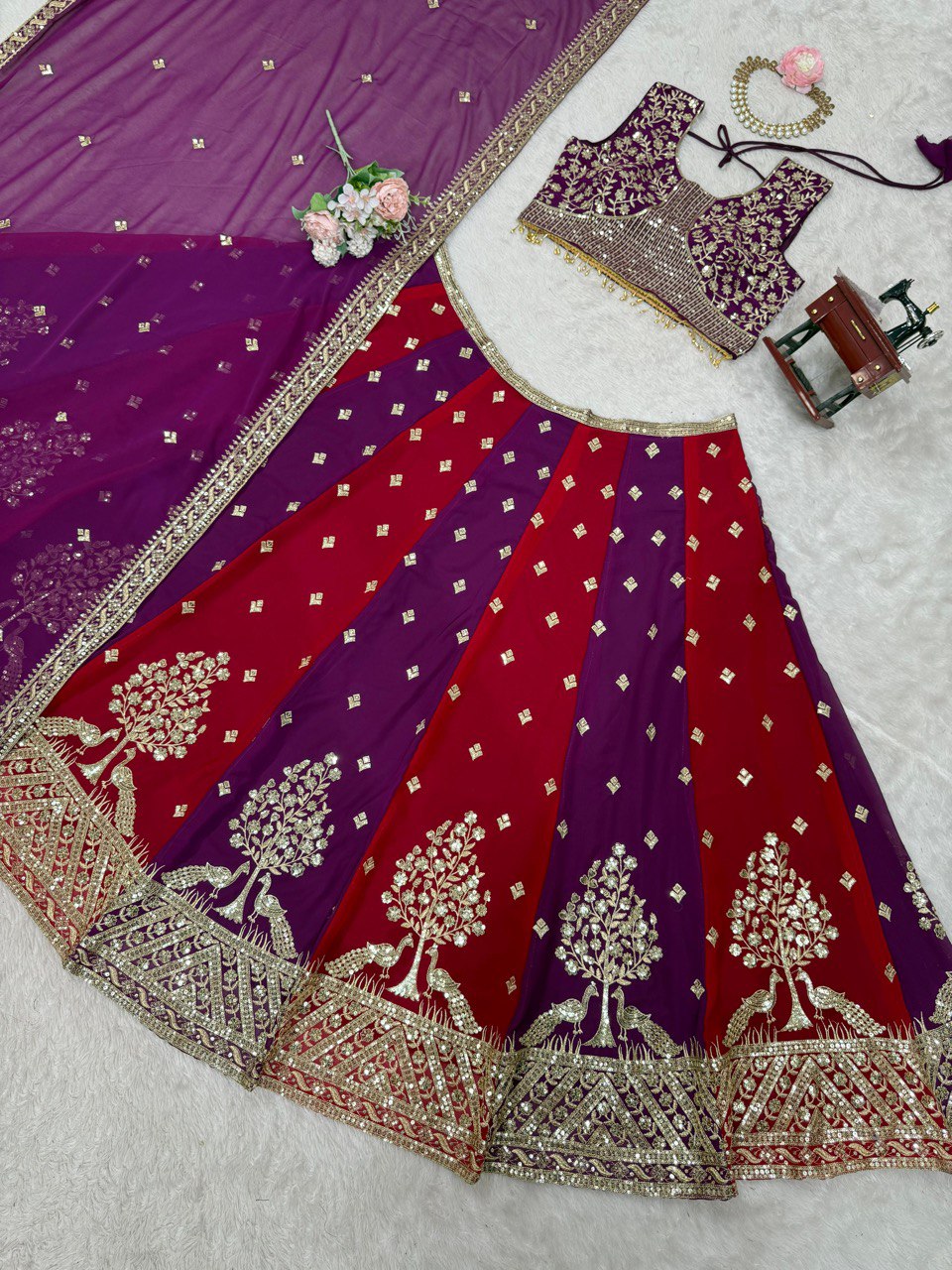 Purple & Maroon Designer Faux Georgette Embroidered Lehenga Choli Set with Dupatta