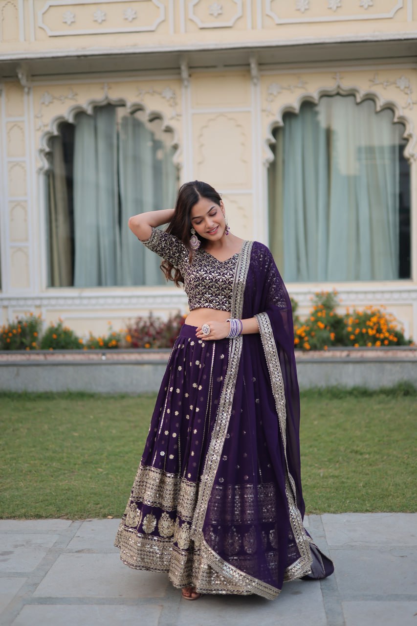 Purple Mesmerizing Faux Blooming Lehenga Choli with Dupatta Set