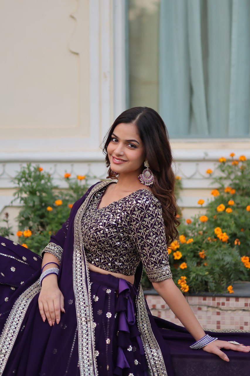 Purple Mesmerizing Faux Blooming Lehenga Choli with Dupatta Set