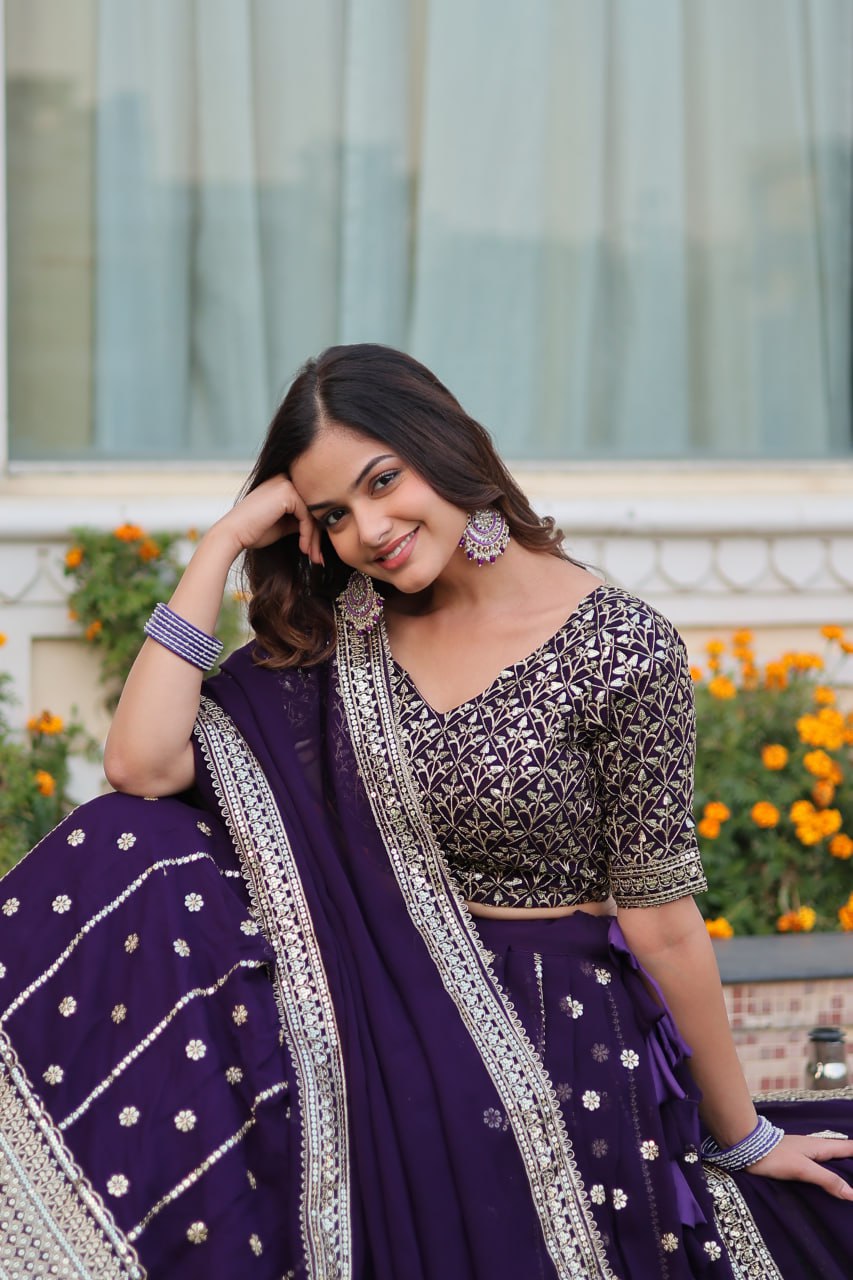 Purple Mesmerizing Faux Blooming Lehenga Choli with Dupatta Set