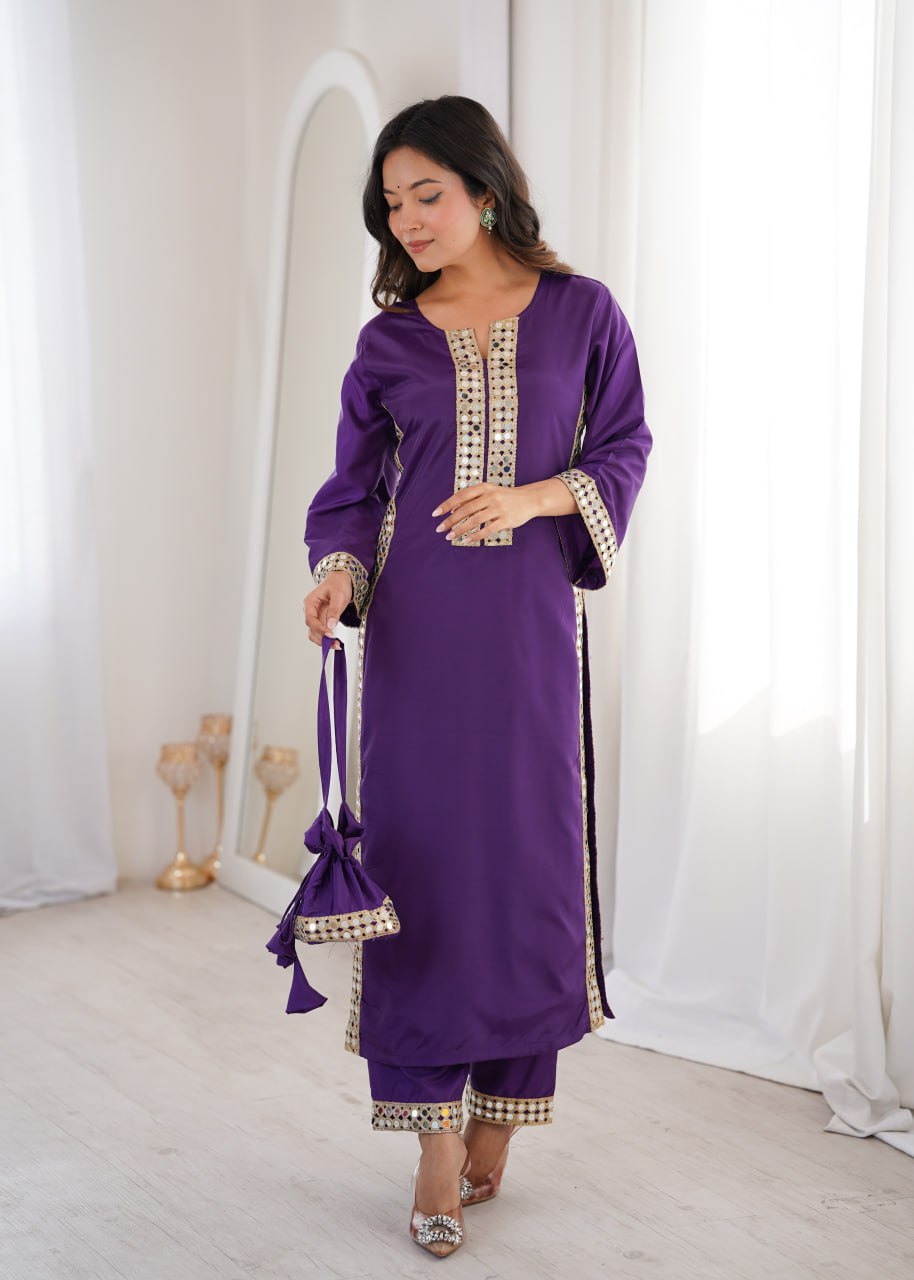 Purple Mirror Work Kurti Pant Set & Batwa