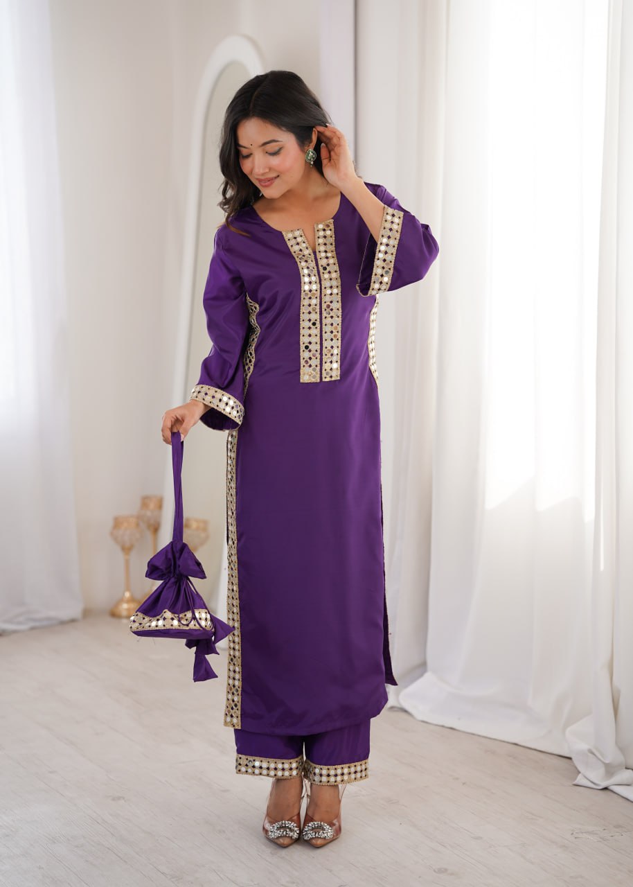 Purple Mirror Work Kurti Pant Set & Batwa