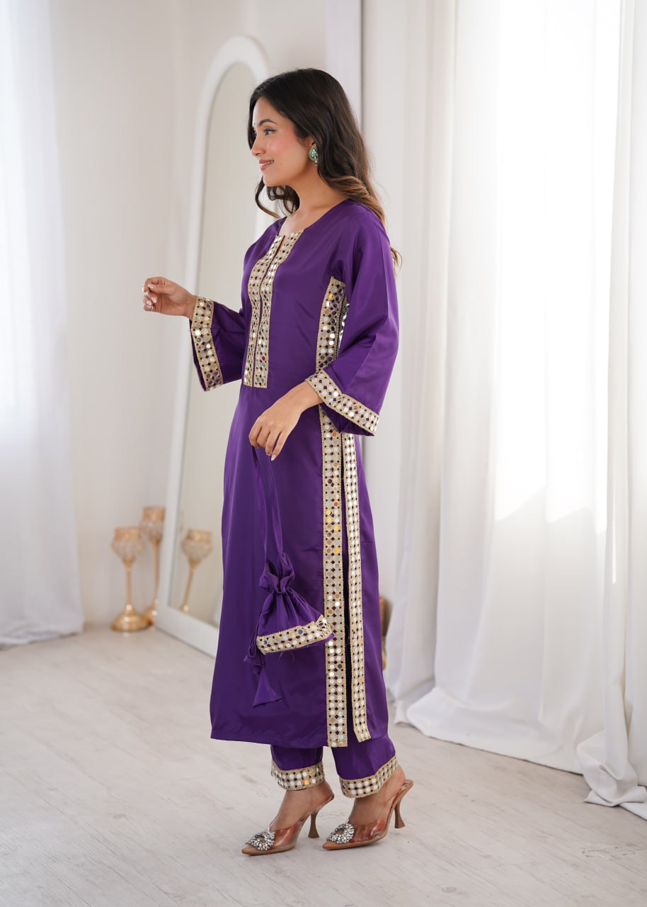 Purple Mirror Work Kurti Pant Set & Batwa