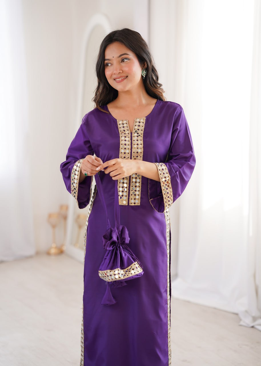 Purple Mirror Work Kurti Pant Set & Batwa