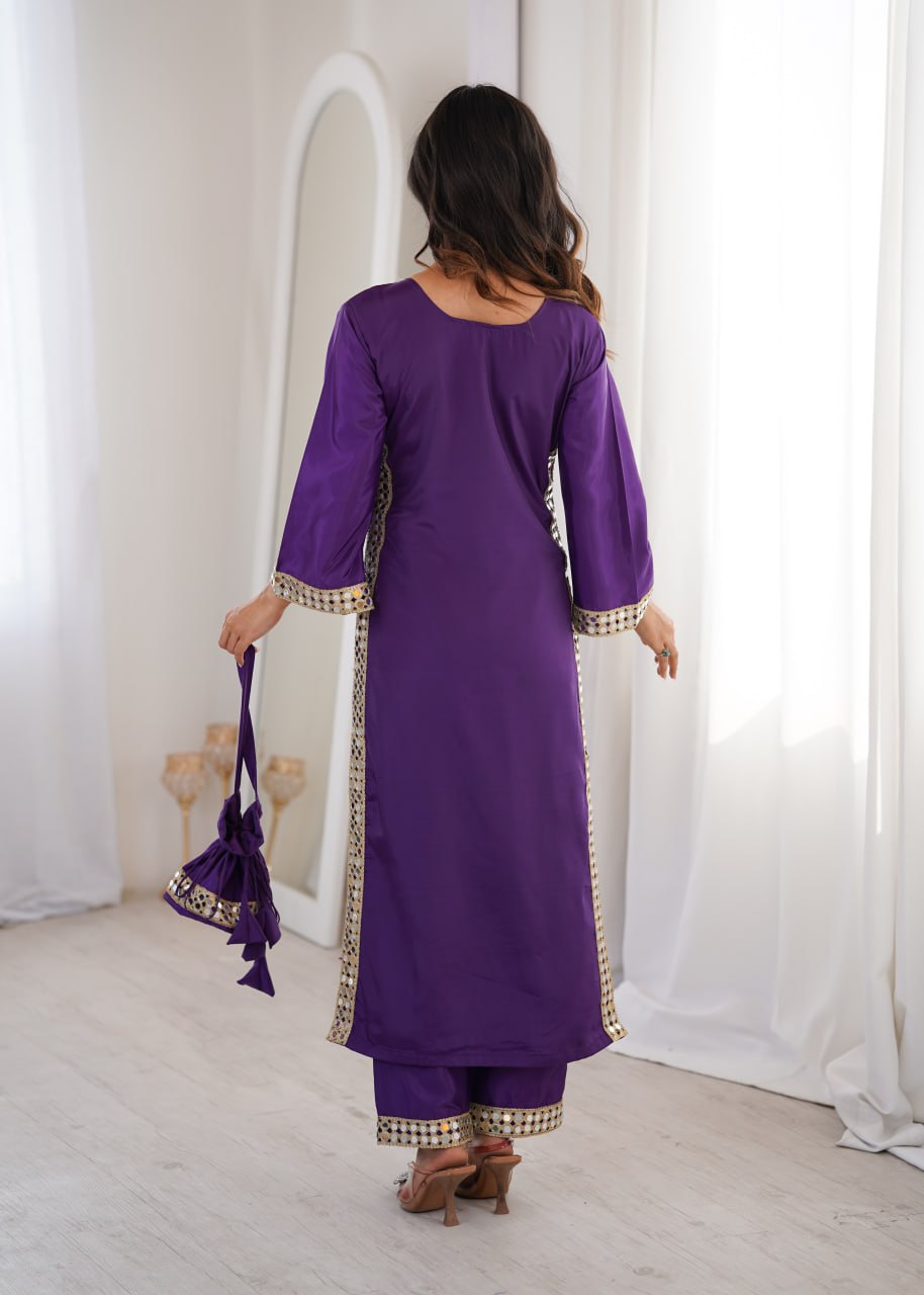 Purple Mirror Work Kurti Pant Set & Batwa