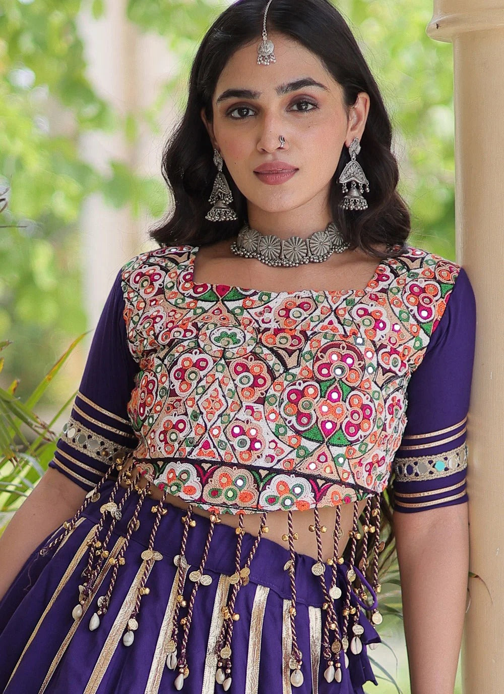 Purple mirror work lehenga choli for navratri garba