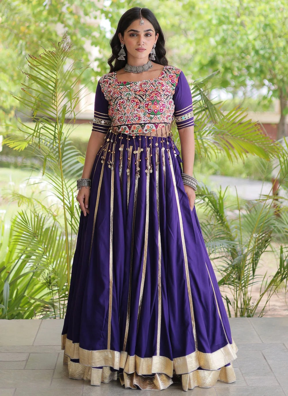 Purple mirror work lehenga choli for navratri garba