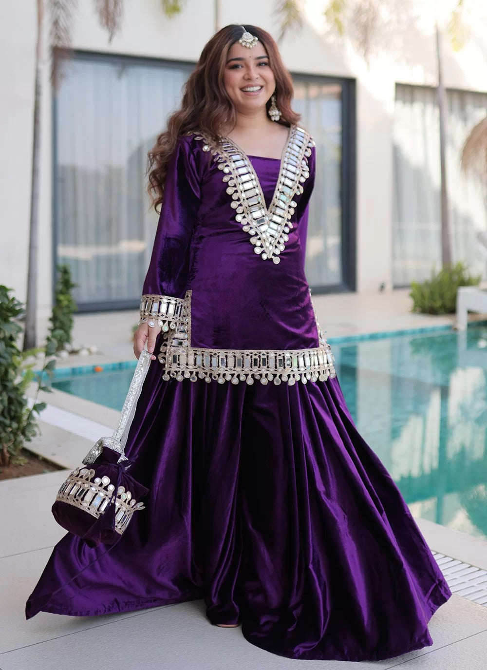 Luxurious purple mirror work velvet palazzo suit with batwa