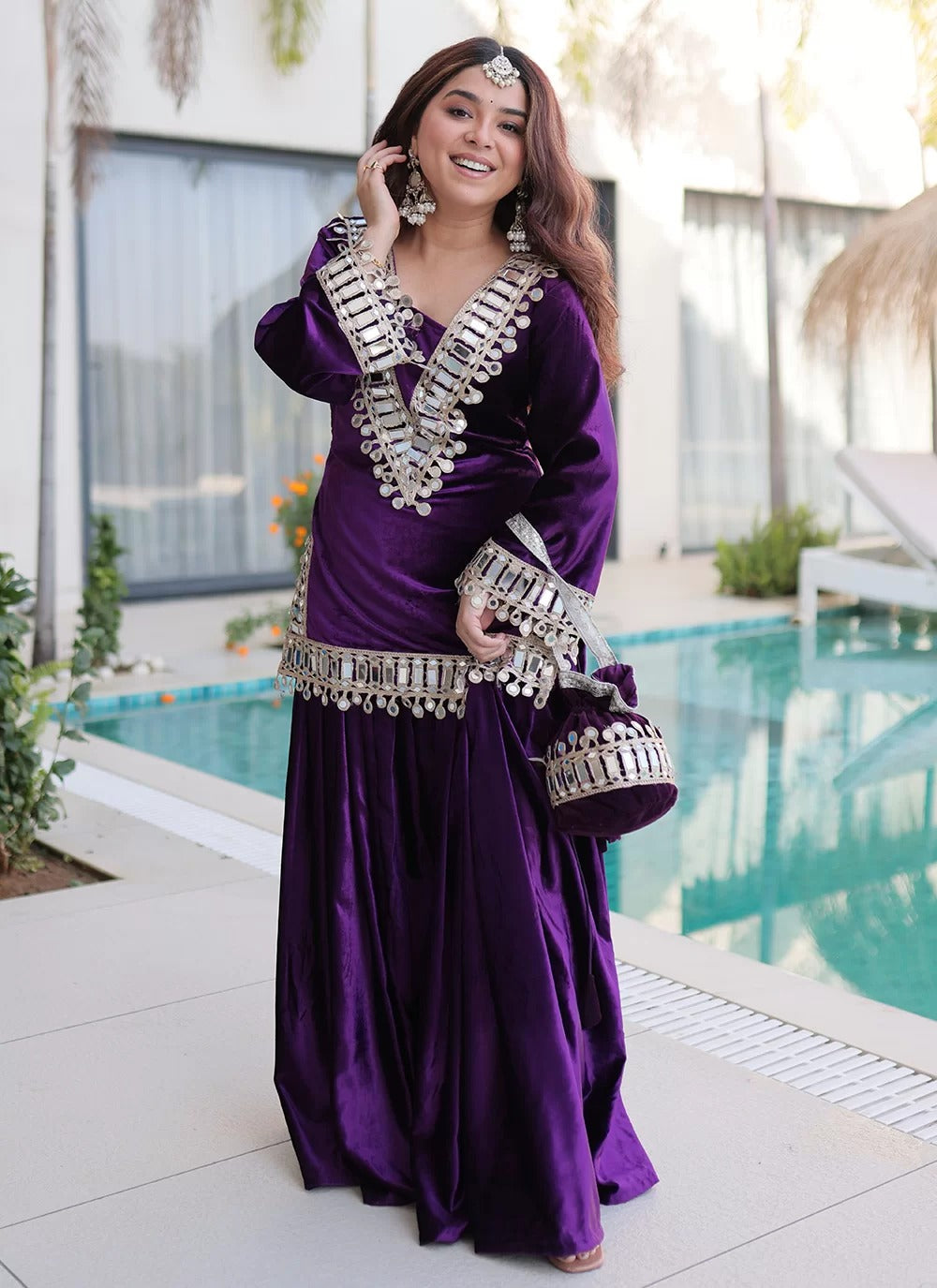 Luxurious purple mirror work velvet palazzo suit with batwa