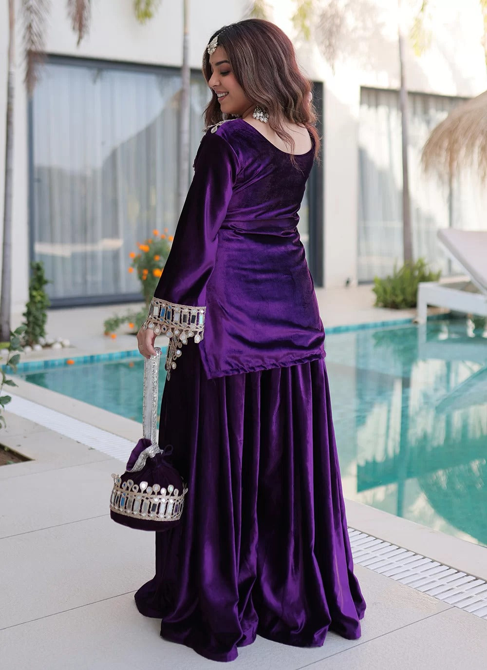 Luxurious purple mirror work velvet palazzo suit with batwa