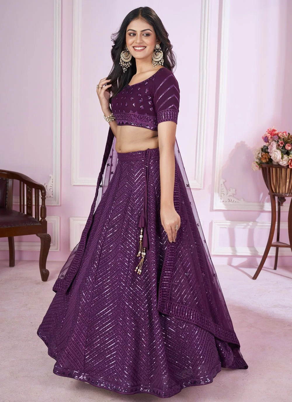 Luxury purple georgette side slit lehenga with sequins work for cocktail reception