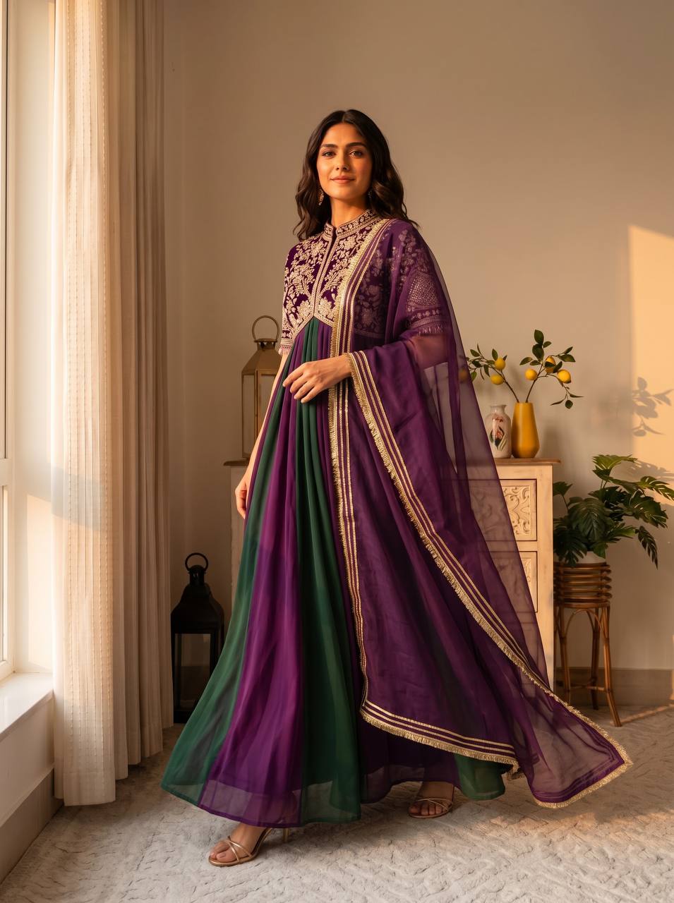 Purple Moss Silk Embroidered Gown