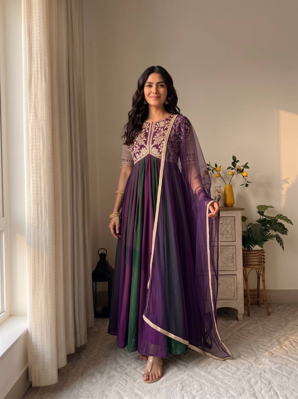 Purple Moss Silk Embroidered Gown