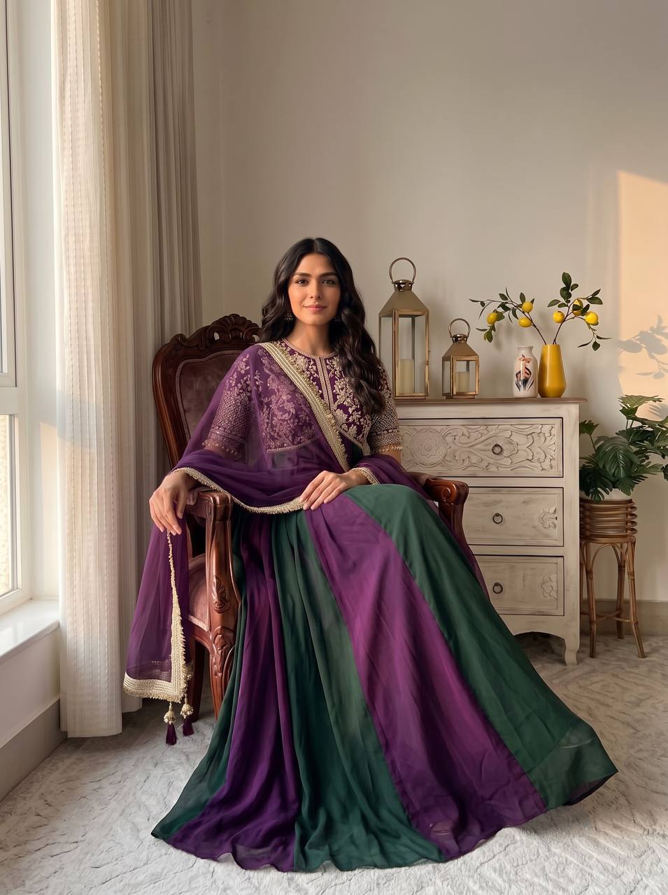 Purple Moss Silk Embroidered Gown