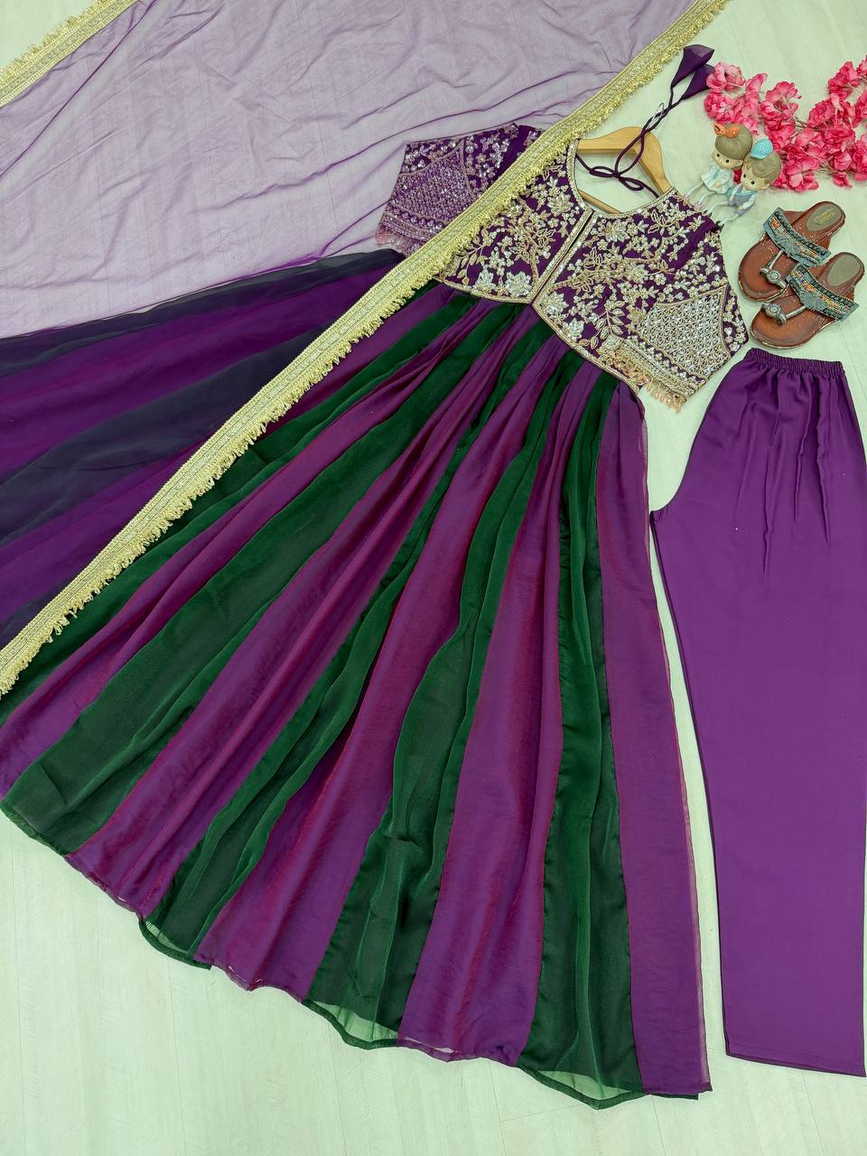 Purple Moss Silk Embroidered Gown