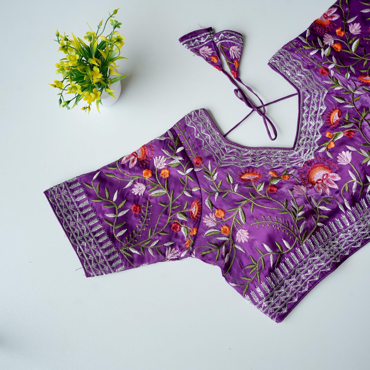 Purple  Multi-Color Embroidered Silk Blouse