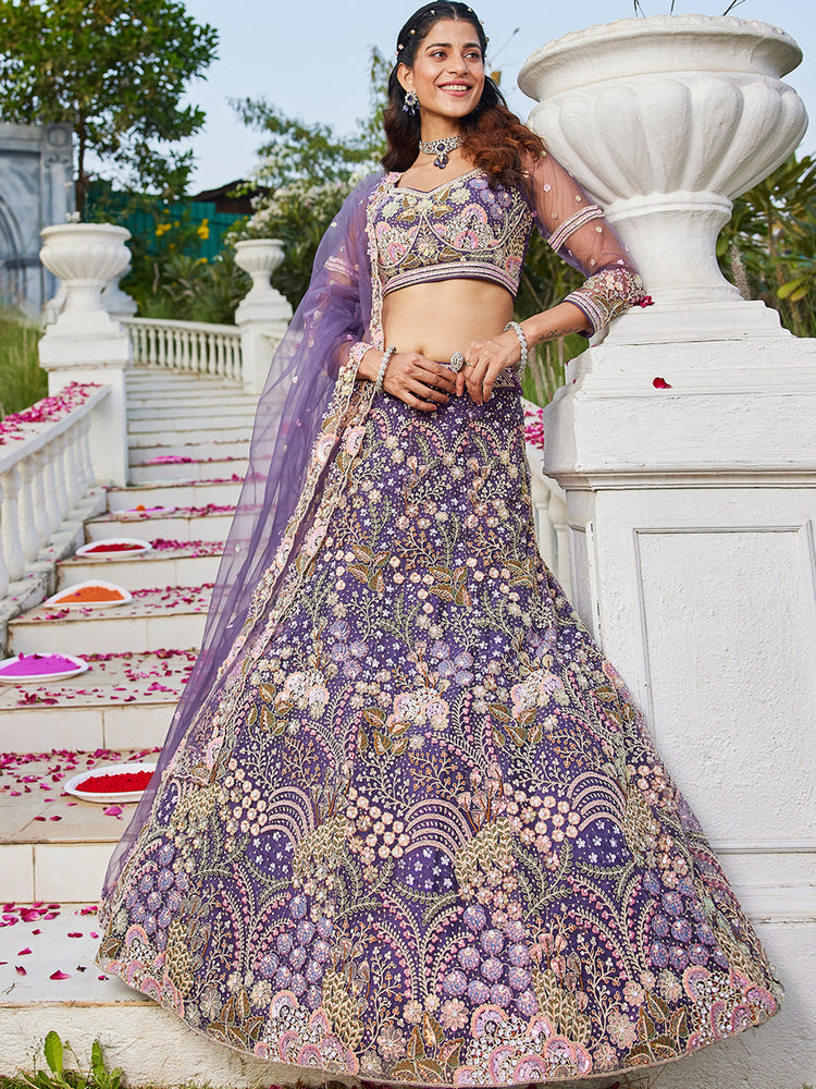 Purple Multi-Color Sequin Embroidered Net Lehenga Choli Dupatta Set