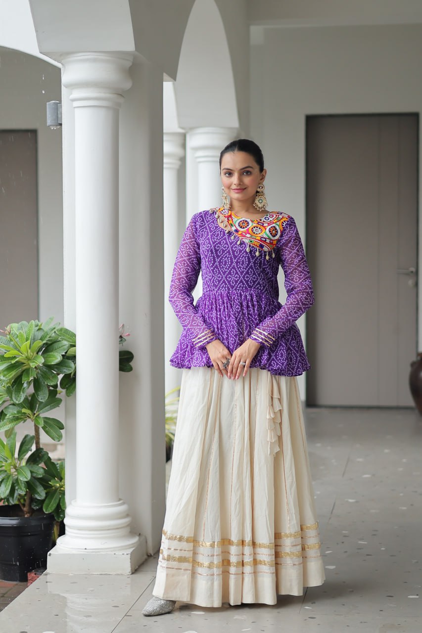 Purple Navratri Special Cotton Lehenga Choli Set with Gota Patti Lace & Bandhani Gamthi Work – Full Stitched